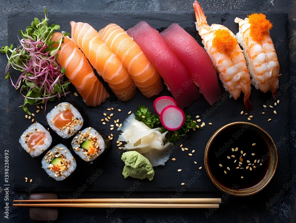 Authentic Japanese Sushi Platter with Fresh Sashimi and Soy Sauce