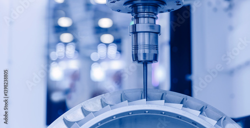 Obraz na płótnie Banner industry CNC, milling machine process cutting turbine impeller and blades part by mill tool, blue light toning w salonie