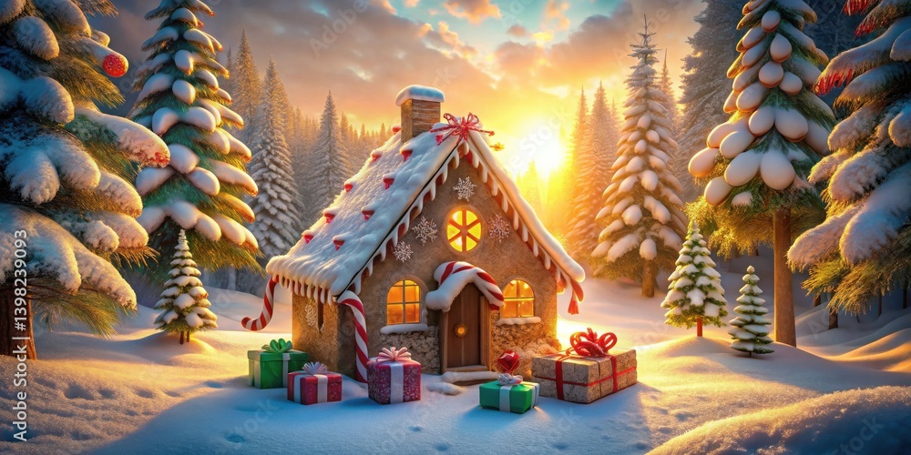 Fototapeta premium Enchanted Winter Wonderland A Cozy Gingerbread House Nestled Amongst Snowy Evergreens at Sunset with Presents