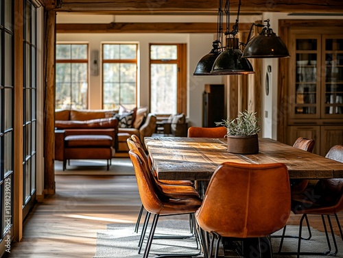 Rustic dining room with large wooden table, leather chairs, and sunlit windows.