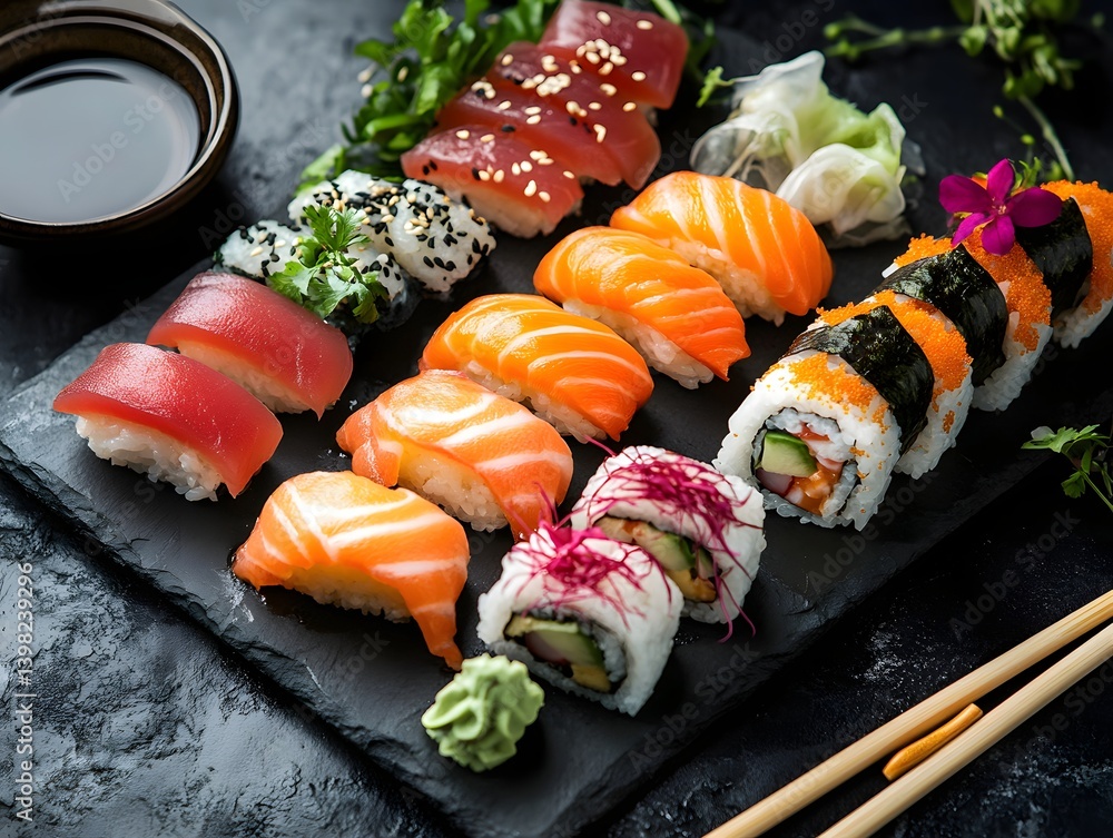 Authentic Japanese Sushi Platter with Fresh Sashimi and Soy Sauce