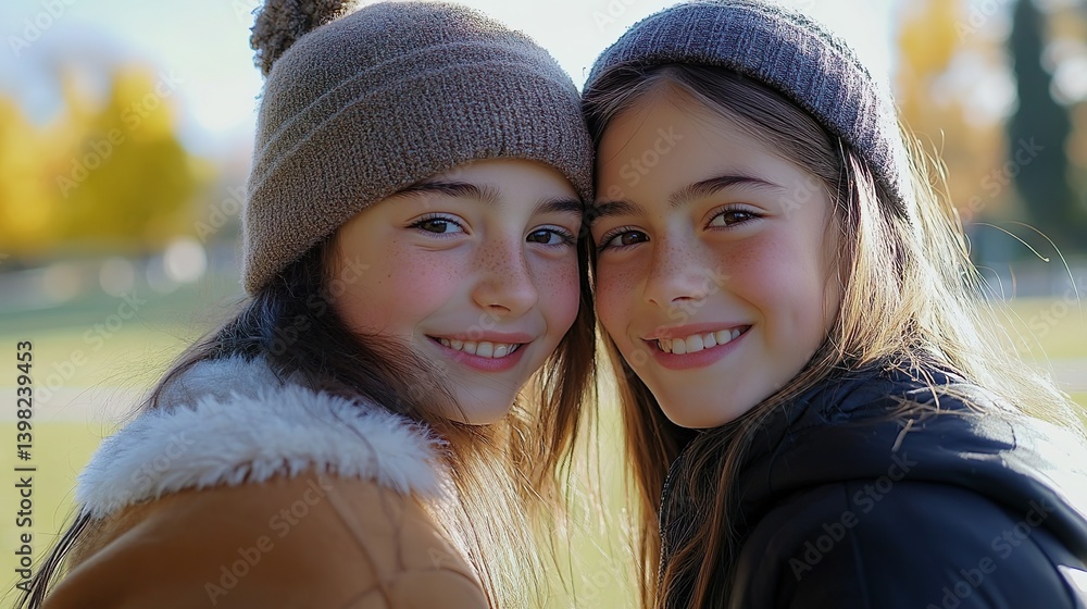 Obraz premium Close up of pre-teen friends in a park smiling to camera