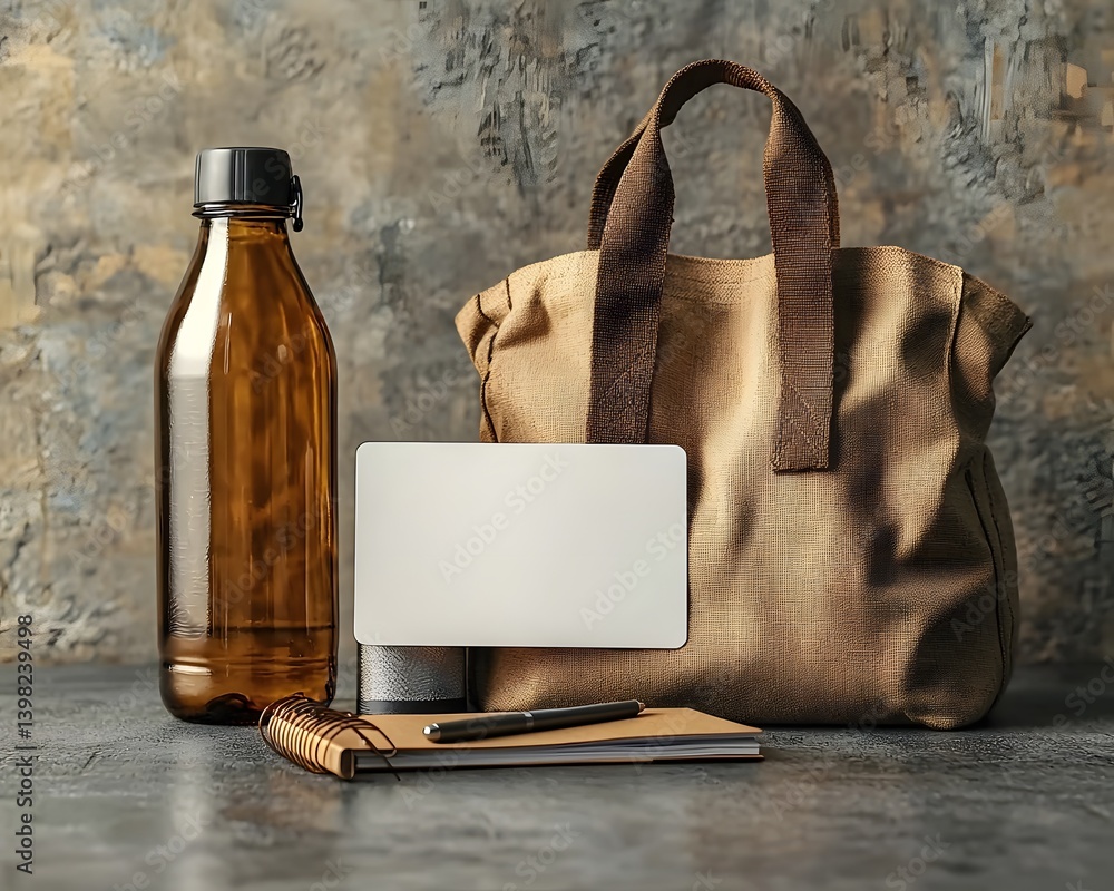 Blank gift card with welcome kit items on desk