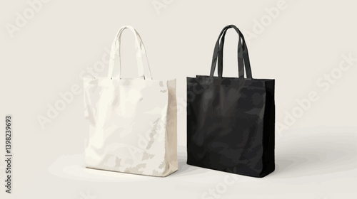 Blank canvas cotton totebag mockup for shopping groceries with reusable eco bag design template in black and white