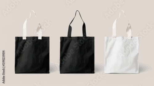 Blank canvas cotton totebag mockup for shopping groceries with reusable eco bag design template in black and white