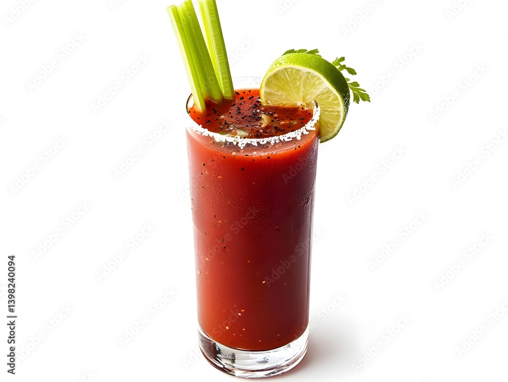 Bloody Mary in a Tall Glass with Celery and Lime on White Background