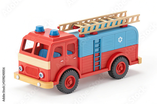 Colorful Toy Fire Truck isolated on white background. A bright, colorful toy fire truck isolated on a white background, ideal for children s playtime or educational themes
