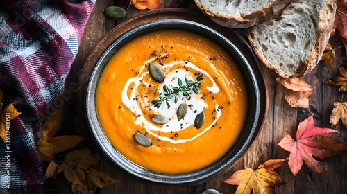 Obraz na płótnie Autumn Comfort Food: Pumpkin Soup with Roasted Seeds and Rustic Bread w salonie
