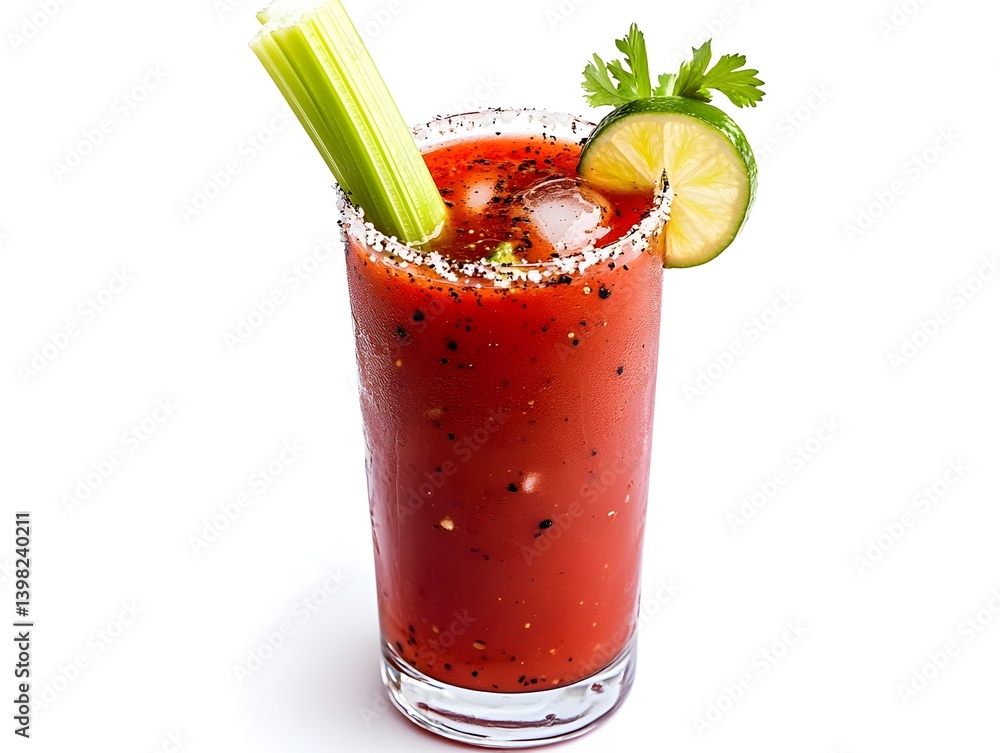 Bloody Mary in a Tall Glass with Celery and Lime on White Background