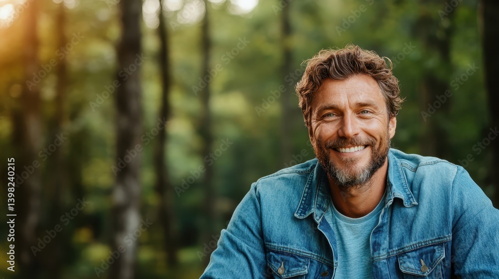 A joyful man with a beard smiling amidst a green forest illuminated by warm sunlight, capturing the essence of happiness and connection to the natural environment. A joyful man with a beard smiling amidst a green forest illuminated by warm sunlight, capturing the essence of happiness and connection to the natural environment.