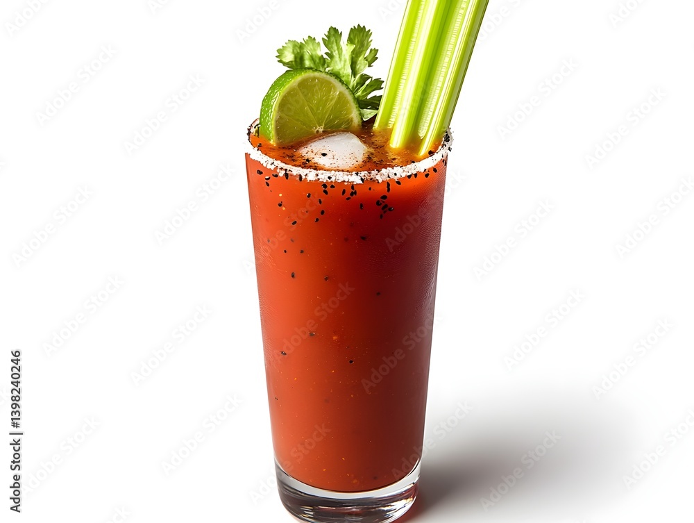 Bloody Mary in a Tall Glass with Celery and Lime on White Background