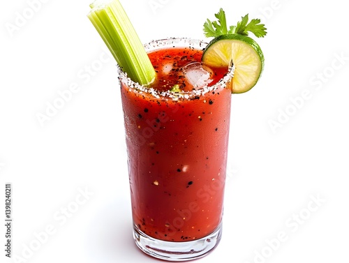 Obraz na płótnie Bloody Mary in a Tall Glass with Celery and Lime on White Background w salonie