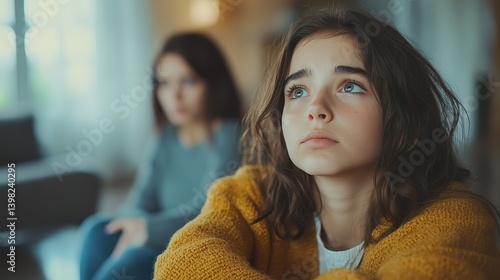 Depressed sad teenage girl sitting and hugging her knees, looking away while mother sitting next daughter. Communication problems between parent and kids