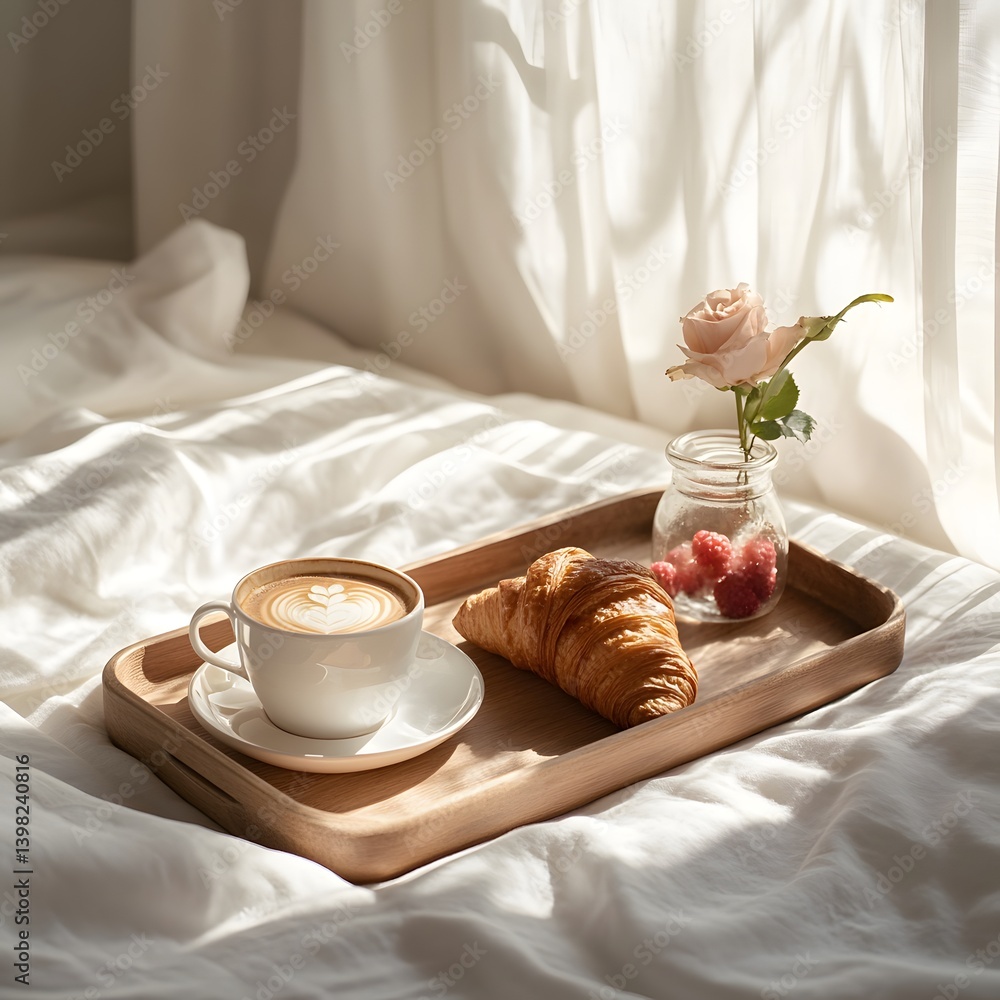 Breakfast in Bed: Cozy Morning with Fresh Croissants and Coffee