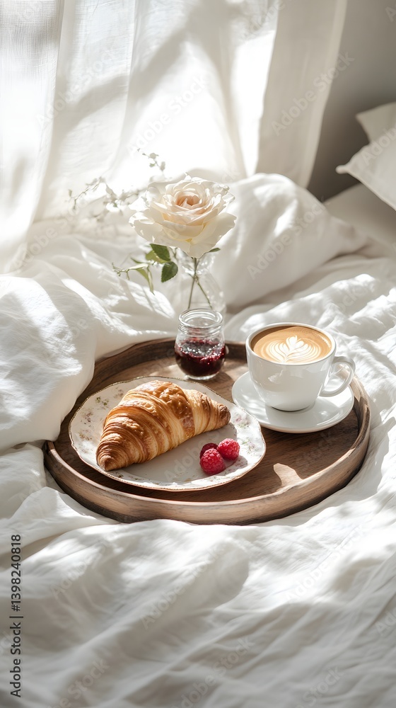 Breakfast in Bed: Cozy Morning with Fresh Croissants and Coffee