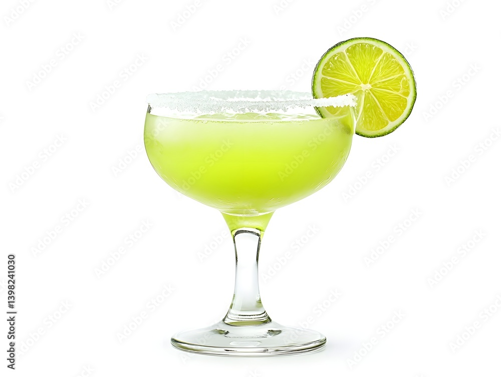 Classic Margarita Cocktail with Lime Wedge and Salt Rim on White Background
