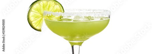 Obraz na płótnie Classic Margarita Cocktail with Lime Wedge and Salt Rim on White Background w salonie