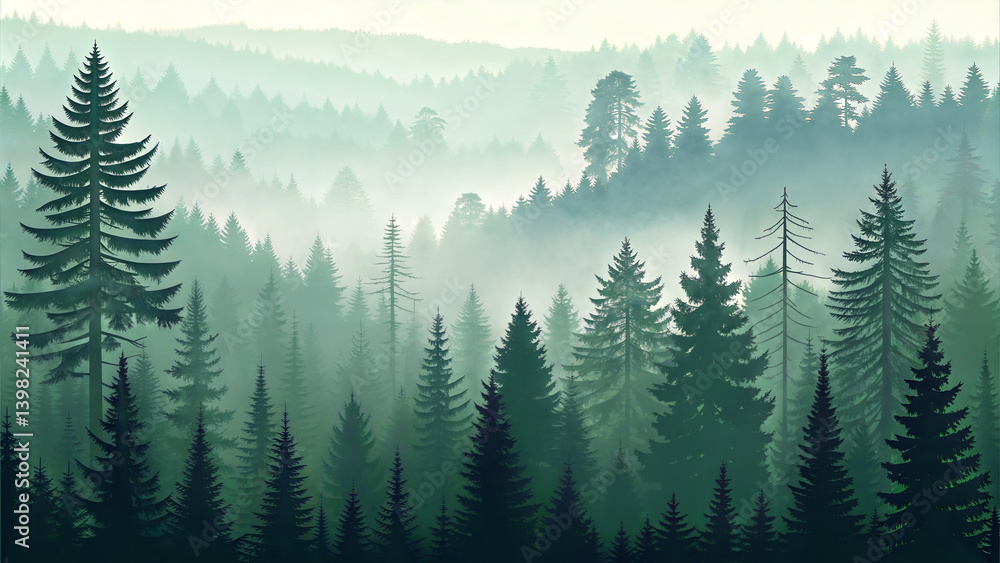 Fototapeta premium Lush forest landscape with misty hills in painterly style 