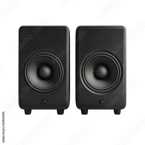 Dynamic computer accessory showcase cutout background black speakers minimalist environment top view modern design