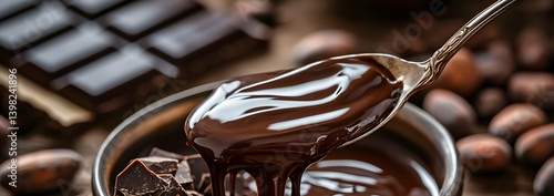 Obraz na płótnie Decadent Chocolate Indulgence: Melted Dark Chocolate Dripping from a Spoon w salonie