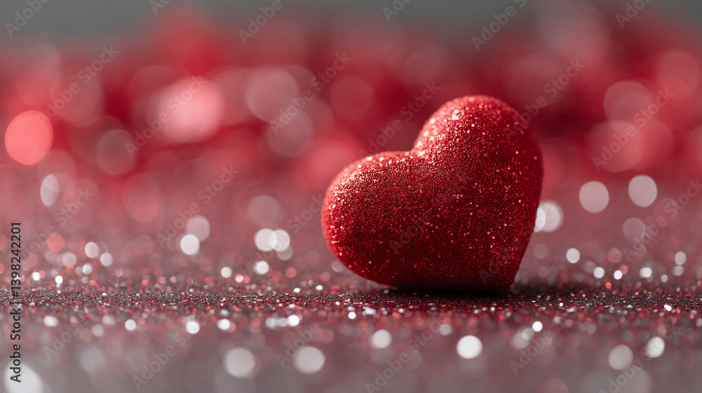 Obraz premium A close up of a red glitter heart on a surface covered in red and silver glitter bokeh effect background
