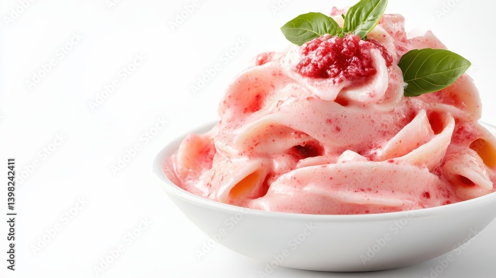 A creamy swirl of raspberry ice cream topped with fresh mint leaves, offering a delightful blend of sweetness and richness in an elegant presentation for dessert lovers. A creamy swirl of raspberry ice cream topped with fresh mint leaves, offering a delightful blend of sweetness and richness in an elegant presentation for dessert lovers.