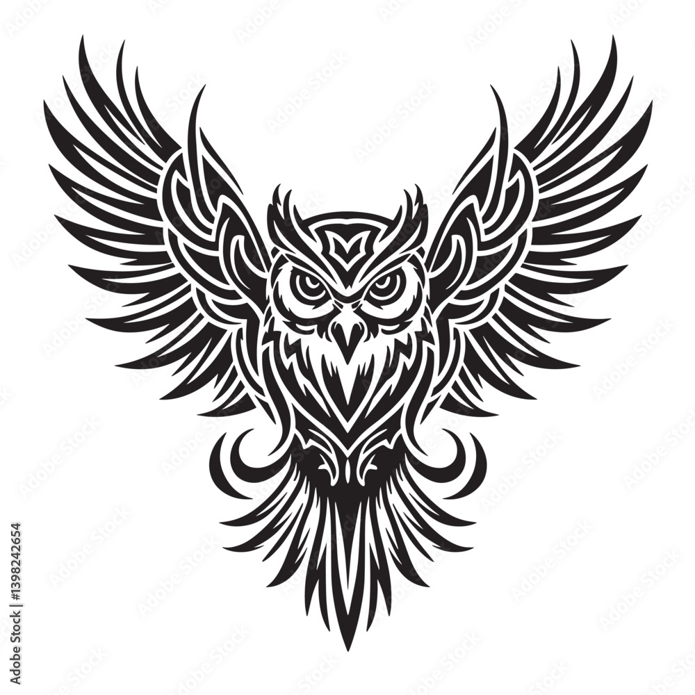 Intricate owl design with majestic wings showcasing detailed lines and patterns in a bold black silhouette Design Intricate owl design with majestic wings showcasing detailed lines and patterns in a bold black silhouette Design