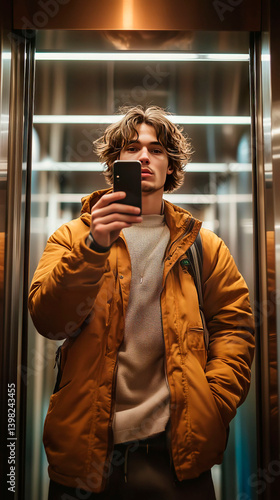portrait of a handsome young man taking a selfie in the elevator