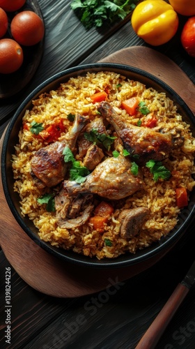 Flatlay image of colorful Libyan kabsa with herbs, ideal for food blogs, restaurant menus, or ethnic culinary features