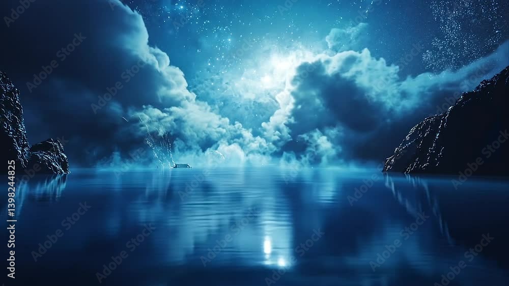 Serene moonlit seascape with clouds reflecting on calm waters Serene moonlit seascape with clouds reflecting on calm waters
