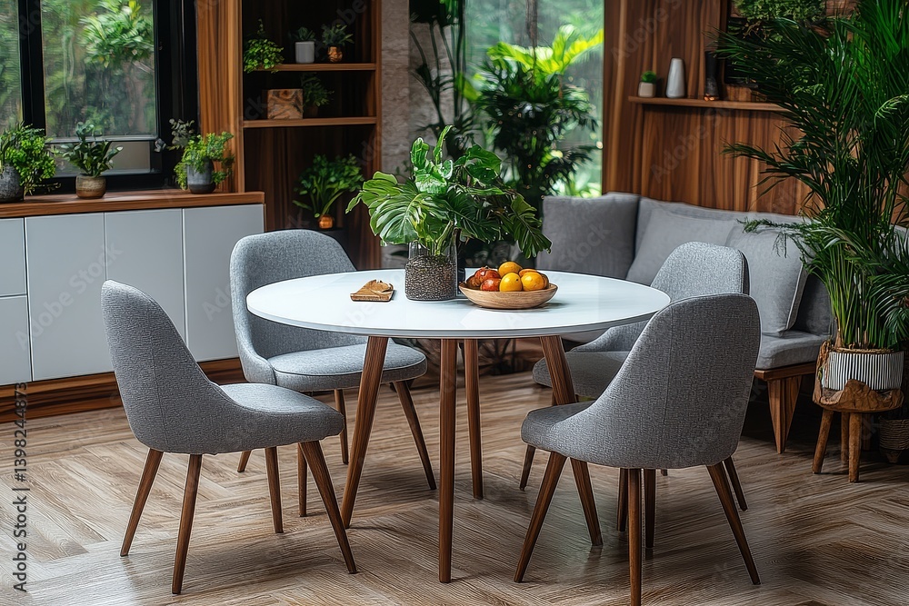 Fototapeta premium Modern dining room with round white table, grey chairs, light wooden legs, natural wood accents, white cabinets, plants, fruit bowl, and cozy atmosphere with bright daylight.