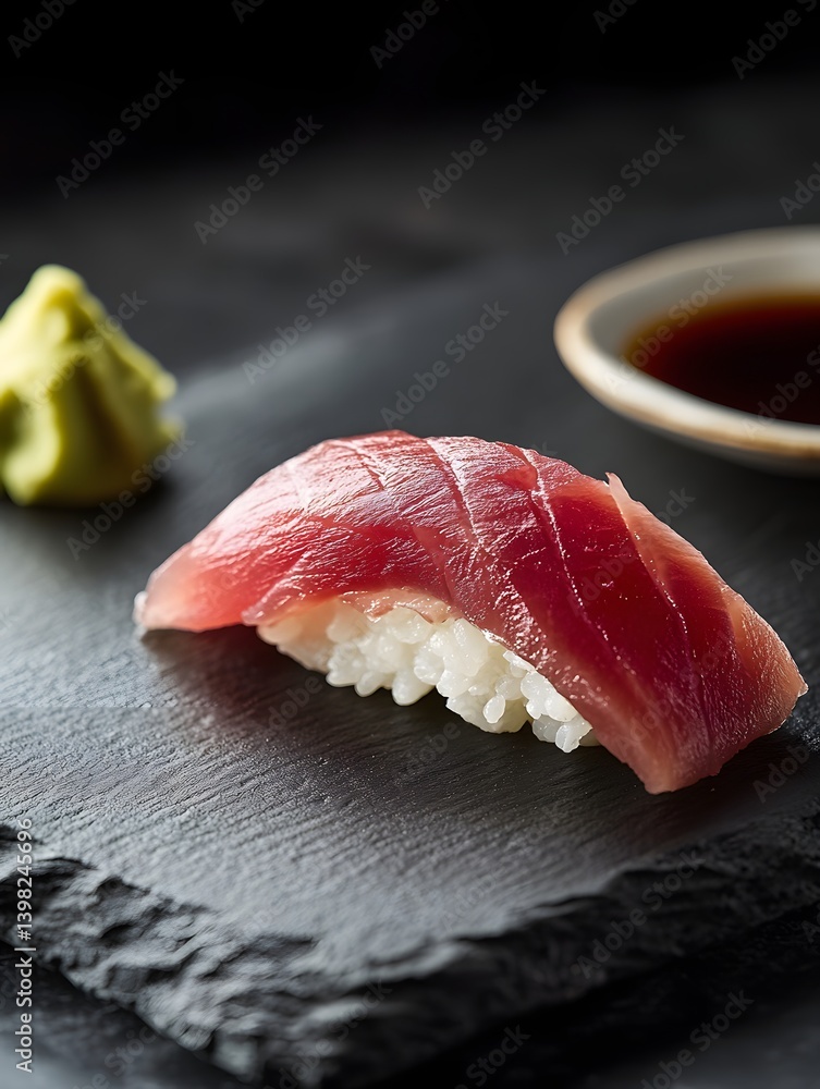 Minimalist Food Art: A Single Sushi Roll on a Black Slate Plate