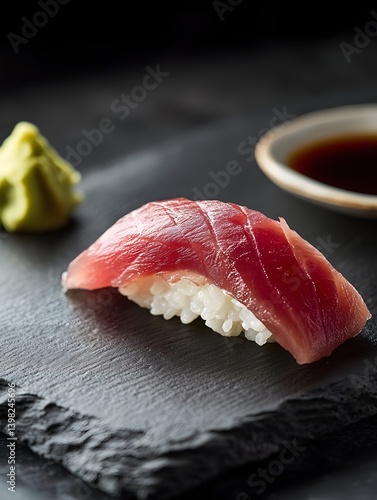 Obraz na płótnie Minimalist Food Art: A Single Sushi Roll on a Black Slate Plate w salonie