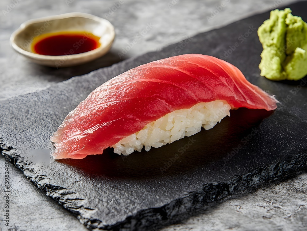 Minimalist Food Art: A Single Sushi Roll on a Black Slate Plate