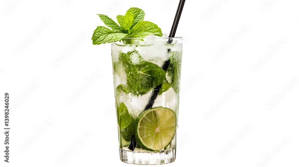 Mojito Cocktail in a Highball Glass with Mint and Lime on White Background