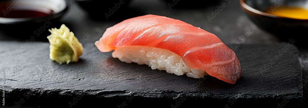 Minimalist Food Art: A Single Sushi Roll on a Black Slate Plate