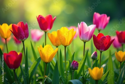 Vibrant blooms in varied hues, lush green grass backdrop, sunlit, scene, floral