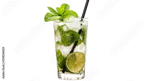 Obraz na płótnie Mojito Cocktail in a Highball Glass with Mint and Lime on White Background w salonie