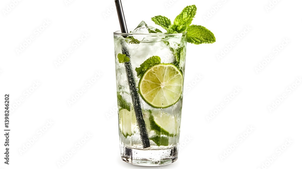 Mojito Cocktail in a Highball Glass with Mint and Lime on White Background