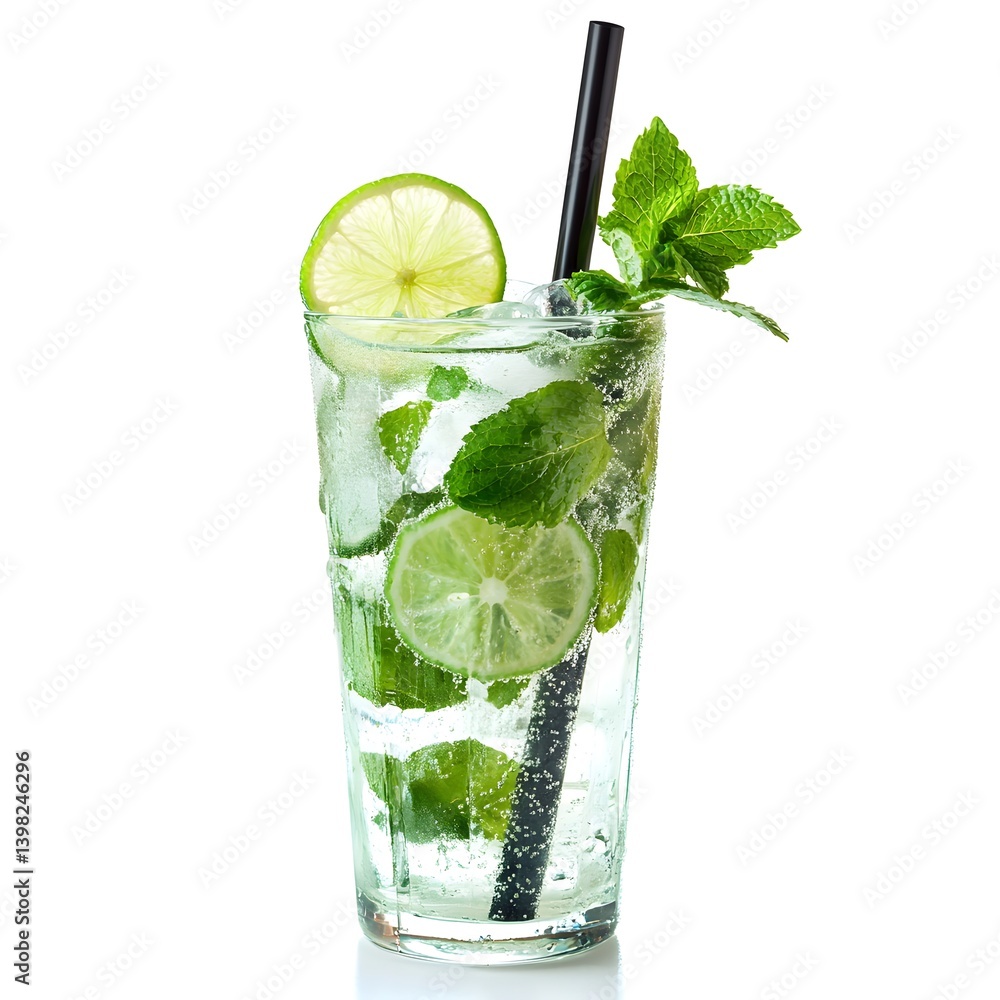 Mojito Cocktail in a Highball Glass with Mint and Lime on White Background