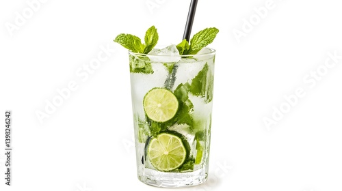Obraz na płótnie Mojito Cocktail in a Highball Glass with Mint and Lime on White Background w salonie
