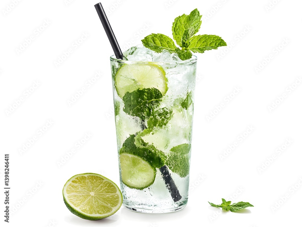 Mojito Cocktail in a Highball Glass with Mint and Lime on White Background