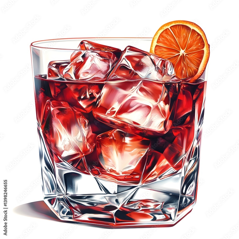 Negroni Cocktail in a Crystal Glass with Orange Garnish on White Background