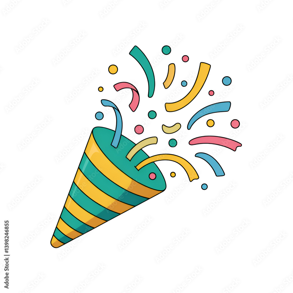 Obraz premium Confetti popper exploding with colorful streamers on a graphic illustration on transparent background