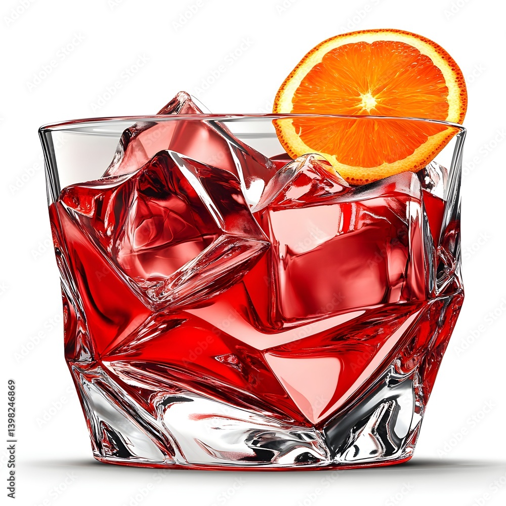 Negroni Cocktail in a Crystal Glass with Orange Garnish on White Background