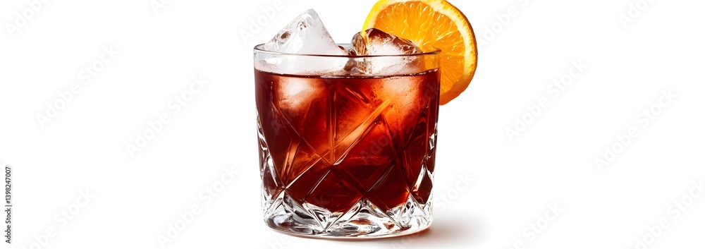 Negroni Cocktail in a Crystal Glass with Orange Garnish on White Background