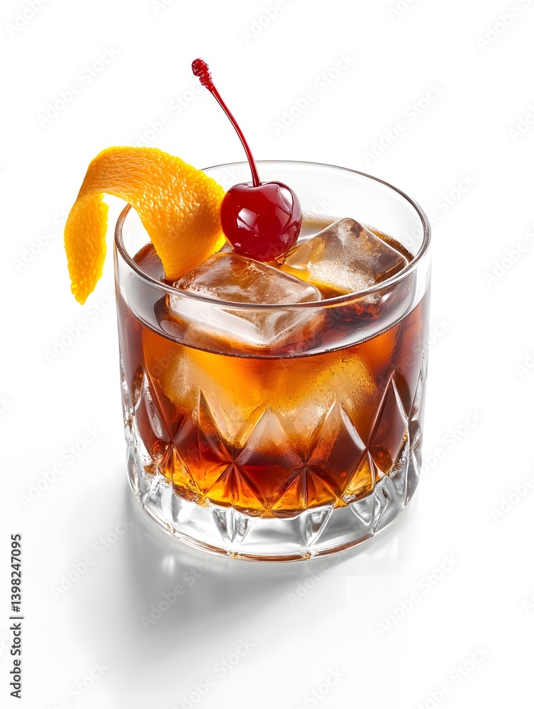 Old Fashioned Cocktail with Orange Peel and Ice on White Background