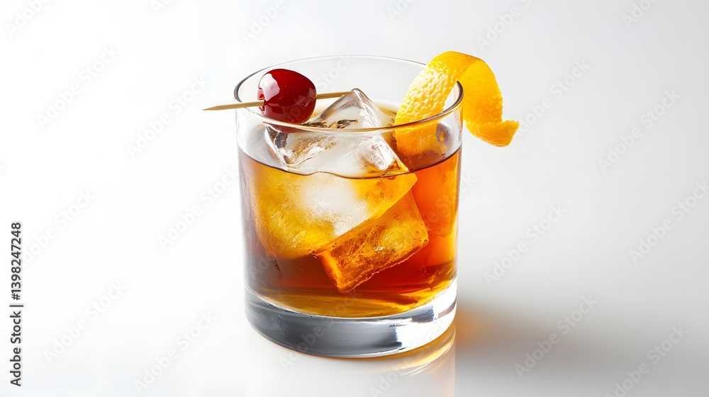 Old Fashioned Cocktail with Orange Peel and Ice on White Background
