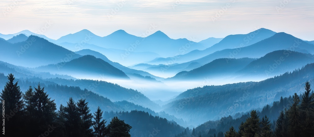 Obraz premium Misty mountain range sunrise, valley view, nature background, travel poster