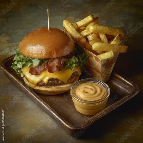Gourmet bacon cheeseburger with cheddar cheese, arugula, and crispy fries served in a tray with dipping sauce – close-up view of a freshly made American-style burger meal.